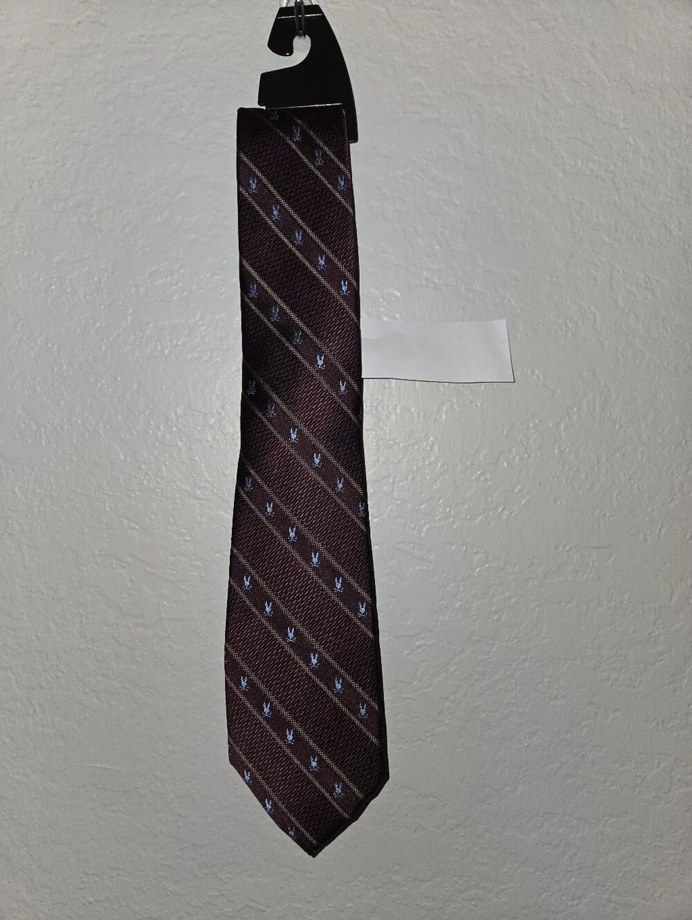 Psycho Bunny Burgundy Striped Tie with Blue Motifs, Silk